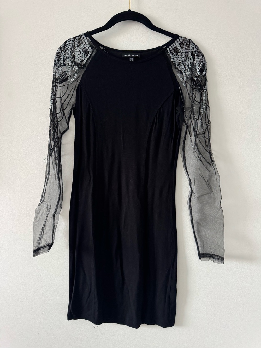 ASOS Warehouse black long sleeve shift dress embellished mesh sleeves size UK 10